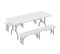 6ft (180cm) Folding Table with 2 Benches Heavy Duty Outdoor Plastic Table & Bench Set for Garden, Picnic, BBQ, Camping, Party & Catering (White)