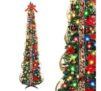 6Ft/180cm Pop Up Christmas Tree with Lights, Collapsible Artificial Christmas Tree, Xmas Tree for Christmas Decoration, Home Office Party Decor, Indoor Outdoor Display