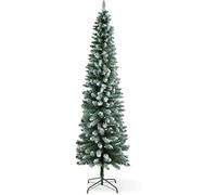 6ft, 7ft Snow Tipped Pencil Slim Green Artificial Christmas Tree, Xmas Tree Easy Assembly Foldable Reusable Strong Stand, Indoor Outdoor Decoration for Christmas (Snow Tipped Pencil, 7FT) (6FT)