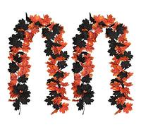 6FT Artificial Autumn Garlands Fall Maple Leaves Vines for Wall Window Door Fireplace Home Garden Office School - Thanksgiving Halloween Party Decorations (Black&Orange - 2PCS)