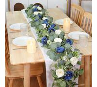 6FT Artificial Eucalyptus Garland Featuring Navy Blue and White Roses for Porch Patio Balcony and Garden Fence Decoration (Purple (one dress))