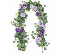 6ft Artificial Eucalyptus Garland Having Navy Blue White Roses - Realistic Silk Floral Vine for Weddings Parties Home Office Decor (Plastic Stem Low Maintenance)(Purple (Dress))
