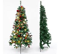 6FT Artificial Half Christmas Tree with Lights Green Easy to Assemble, Metal Stand, Pinecones, Velvet Balls Bows and Red Birds, Space Saving for Christmas Corner Decorations and Xmas Party Decorations