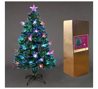 6Ft/180cm Fibre Optic Christmas Tree with Star Topper - LED Butterfly Decorations - Pre-Lit Green Artificial Xmas Tree - Multicolor Changing Lights