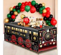 6Ft Christmas Express Train Tablecloth Decoration Vintage Believe Train Table Cover Washable Fabric Polyester Rectangle Railroad Table Covers Protector for Xmas Transportation Birthday Party Decors