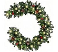 6FT Christmas Garland, Christmas Garland with Lights Artificial Xmas Garland for Stairs Fireplace with Bows Red Berries and 50 LED Lights, Holiday Wedding Party Christmas Decoration