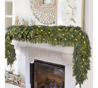 6FT Christmas Garland with Warm Lights, Real Touch Norfolk Pine Stair Garland Pre lit Christmas Cedar Garland for Door Table Fireplace, Artificial Xmas Decoration, Outdoor & Indoor(Lights,1PC)