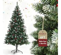 6ft Frosted Artificial Christmas Tree - 1.8m Flame Retardant PVC Xmas Tree with 800 Tips & 32 Sets of Red Berries, Hinged Branches, Metal Stand for Home Office Decoration (Snowy Tree)