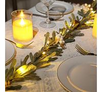 6FT Greenery Garland with Lights,Pre-lit Artificial Olive Garlands with Berry,Spring Summer Home Decorations Indoor Outdoor Holiday Party Valentines Wedding Garland for Mantel Table Decor