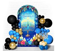 6FT Happy Hanukkah Arch Backdrop - Double-Sided Stretchable Spandex Round Top Arch Cover, Hanukkah Decor with Menorah, Olive Branches & Stars for Jewish Celebration