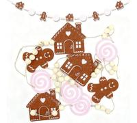 6ft House Gingerbread Man Candy Felt with Wooden Beads Banner Decoration, Vintage Christmas Garland Ornaments Supplies Xmas Gingerbread Decor for Hanging Indoors & Outdoors