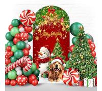 6FT Merry Christmas Arch Backdrop - Double-Sided Stretchable Spandex Round Top Arch Cover, Christmas Decor with Cute Dog, Snowman & Gifts for Pet Lovers