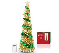 6FT Pop Up Christmas Tinsel Tree - Collapsible Colorful Sequin Artificial Christmas Pencil Trees with 100 Lights, Top Star, 15 Ball Ornament, 12 Modes, Timer for Xmas Decorations(Green + Gold)