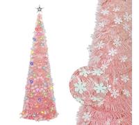 6FT Pop-up Christmas Tree-Collapsible Prelit Christmas Artifitial Snowflake Pencil Tree with 3D Star for Xmas Decor Holiday Party Decorations