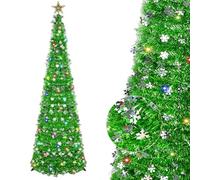 6FT Pop-up Christmas Tree-Collapsible Prelit Christmas Artifitial Snowflake Pencil Tree with 3D Star for Xmas Decor Holiday Party Decorations