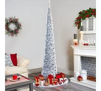 6ft Pop Up Christmas Tree, Slim Christmas Tree, Silver | Collapsible Artificial Pencil Xmas Tree with Stand, Sequin Skinny Xmas Tree, for Party Home Office Corner Decor