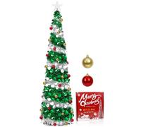 6FT Pop Up Christmas Tree with 30 Christmas baubles Ornaments,Silver Green | Slim Christmas Tree, Collapsible Artificial Pencil Xmas Tree with Topper Star and Stand for Party Home Office Corner Decor