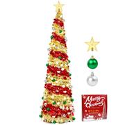 6FT Pop Up Christmas Tree with 30 Christmas baubles, Red Gold | Slim Tinsel Christmas Tree, Foldable Artificial Christmas Trees with Stand, for Party Home Office Corner Decor