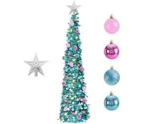 6FT Pop-Up Christmas Trees with Lights: Christmas Trees with 100 LED Lights - Collapsible Christmas Tinsel Trees Christmas Decorate for Home Apartment Room Holiday Party Inside Outside (Ice Blue)