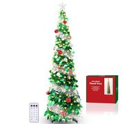 6FT Pop Up Collapsible Colorful Sequin Artificial Christmas Pencil Tree with Top Star, 15 Christmas Balls, 100 Lights for Xmas Decorations (Green with Silver)