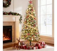 6FT Pre Lit Artificial Christmas Tree, Snow Flocked Christmas Tree with 150 Warm White Lights & 639 Branches Tips, Decoration Pine Cones, Pencil Slim Xmas Tree Holiday Decorations Indoor Outdoor