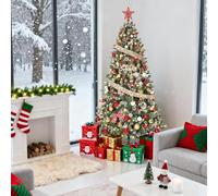 6FT Pre Lit Artificial Christmas Tree with Warm LED Lights & Pine Cones & 788 Branch Tips, Partially Flocked Design Holiday Xmas Tree, Home Office Party Holiday Christmas Decor