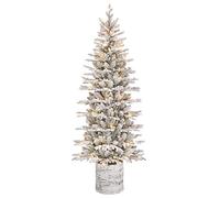 6ft Pre-Lit Potted Flocked Arctic Fir Pencil Christmas Tree with 120 Warm White Lights, 1325 Realistic Dense Snow Flocked Branch Tips (7.5' Flocked Arctic Fir with 230 White Lights,as photo)
