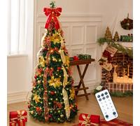 6ft Pre lit Pull-Up Christmas Tree, Fully Pre-Decorated Collapsible Artificial Pencil Tree with Colorful Lights, Remote & Timer, 24 Balls, 24 Bows,12 Flowers, 6 Ribbons for Holiday Party Decor