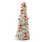 6Ft Prelit Pop up Christmas Tree Collapsible Snow Flocked Red Baubles Bows | Pre Decorated, Warm White LED, Space Saving, Easy Assembly, Lightweight, Sturdy Base, Mains Operated, Xmas Home Decorations