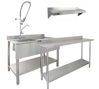 6ft Stainless Steel Catering Bench & 2 Wall Mounted Shelves Commercial Kitchen Work Prep Table Worktop Backsplash 2 Tier Adjustable Heavy Duty Corrosion Resistant FREE Microfibre Cloths & Fixing Kit S