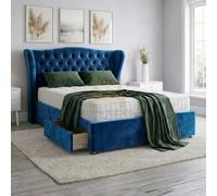 (6ft Super King, Grey(No Mattress)) Curved Wing Chesterfield Double Divan Bed Plush Velvet with 2 Storage Drawers & Mattress Option