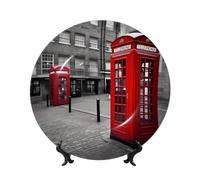 6in Bone China Decorative Plate with Display Stand, Personalized Ceramic Dishes London Red Telephone Booth Display Dish Ceramic Ornament Art Crafts for Home Office Wall Decor Collections Plate