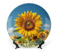 6inch Bone China Decorative Plates for Wall Hanging with Display Stand Chinese Porcelain Sunflower Blooming Flowers Plants Dessert Plate Display Dish Collections Ceramic Ornament Art Craft Home Office