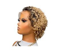 6inch Short Curly Human Hair Wigs Pixie Cut Bob Glueless Wigs Front for Women 13x1 inch Lace 180% Density Adds Volume(Brown blonde)