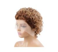 6inch Short Curly Human Hair Wigs Pixie Cut Bob Glueless Wigs Front for Women 13x1 inch Lace 180% Density Womans Hair Topper(Brown light blonde)