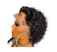 6inch Short Curly Human Hair Wigs Pixie Cut Bob Glueless Wigs Front for Women 13x1 inch Lace 180% Density Adds Volume(Black)