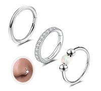 6ixGosh 18G 3PCS Nose Rings Hoops 316L Surgical Steel Opalite Nose Rings for Women Clear CZ Nose Rings Hoop 8mm/10mm Septum Rings Clicker for Cartilage Daith Helix Tragus Conch Piercing Jewelry