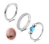 6ixGosh 18G 3PCS Nose Rings Hoops 316L Surgical Steel Opalite Nose Rings for Women Clear CZ Nose Rings Hoop 8mm/10mm Septum Rings Clicker for Cartilage Daith Helix Tragus Conch Piercing Jewelry