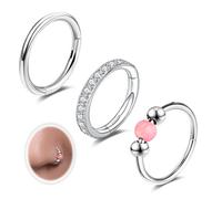 6ixGosh 18G 3PCS Nose Rings Hoops 316L Surgical Steel Opalite Nose Rings for Women Clear CZ Nose Rings Hoop 8mm/10mm Septum Rings Clicker for Cartilage Daith Helix Tragus Conch Piercing Jewelry