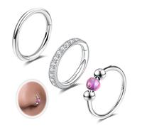 6ixGosh 18G 3PCS Nose Rings Hoops 316L Surgical Steel Opalite Nose Rings for Women Clear CZ Nose Rings Hoop 8mm/10mm Septum Rings Clicker for Cartilage Daith Helix Tragus Conch Piercing Jewelry