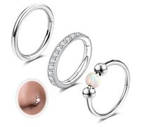 6ixGosh 18G 3PCS Nose Rings Hoops 316L Surgical Steel Opalite Nose Rings for Women Clear CZ Nose Rings Hoop 8mm/10mm Septum Rings Clicker for Cartilage Daith Helix Tragus Conch Piercing Jewelry
