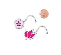 6ixGosh 20G Cute Nose Rings Studs Stainless Steel Butterfly Flower Nose Piercing Jewelry Corkscrew Nose Screw Stud L Shaped Nostril Piercings for Women, Stainless Steel, cubic zirconia