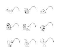 6ixGosh 20G Halloween Nose Ring Studs Surgical Steel Nostril Studs for Women Men Black Nose Rings L Shaped Ghost Pumpkin Bat Skull Gothic Nose Piercing Jewelry,6/9PCS, Stainless Steel, no gemstone