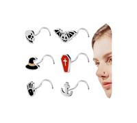 6ixGosh 20G Halloween Nose Ring Studs Surgical Steel Nostril Studs for Women Men Black Nose Rings L Shaped Ghost Pumpkin Bat Skull Gothic Nose Piercing Jewelry,6/9PCS, Stainless Steel, no gemstone