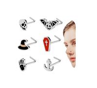 6ixGosh 20G Halloween Nose Ring Studs Surgical Steel Nostril Studs for Women Men Black Nose Rings L Shaped Ghost Pumpkin Bat Skull Gothic Nose Piercing Jewelry,6/9PCS, Stainless Steel, no gemstone