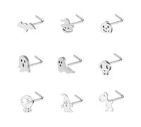 6ixGosh 20G Halloween Nose Ring Studs Surgical Steel Nostril Studs for Women Men Black Nose Rings L Shaped Ghost Pumpkin Bat Skull Gothic Nose Piercing Jewelry,6/9PCS, Stainless Steel, no gemstone