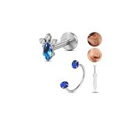 6ixGosh G23 Titanium Blue Red Gem Horseshoe Nose Rings Studs Cubic Zirconia Flat Back Lip Rings Cartilage Conch Helix Tragus Earrings Hoop with Piercing Grabber Tool, Cherry, Titanium, cubic zirconia