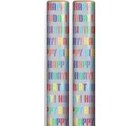 6m Gift Wrapping Paper Roll - 2x3m Silver with Multicoloured Happy Birthday