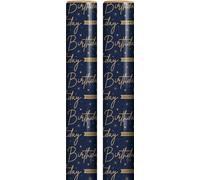 6m Happy Birthday Gift Wrapping Paper Roll - 2 x 3m - Blue with Gold Writing and Stars