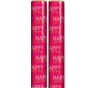 6m Happy Birthday Gift Wrapping Paper Roll - 2 x 3m - Pink with Pink and Gold Writing